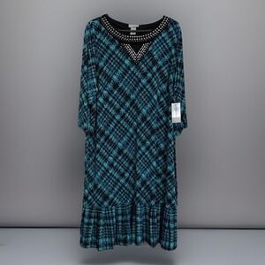 Catherines Dress Sz 1X 18-20W Blue Black Sheath Geometric Pleated Hem Sleeve NWT